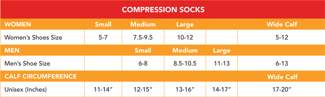 Size Chart for Vim & Vigr 15-20 mmHg Compression Socks - Wool