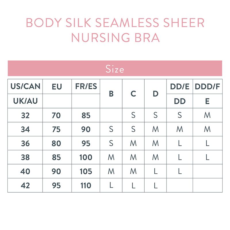 Size Chart for Bravado Designs Body Silk Seamless Sheer Nursing Bra