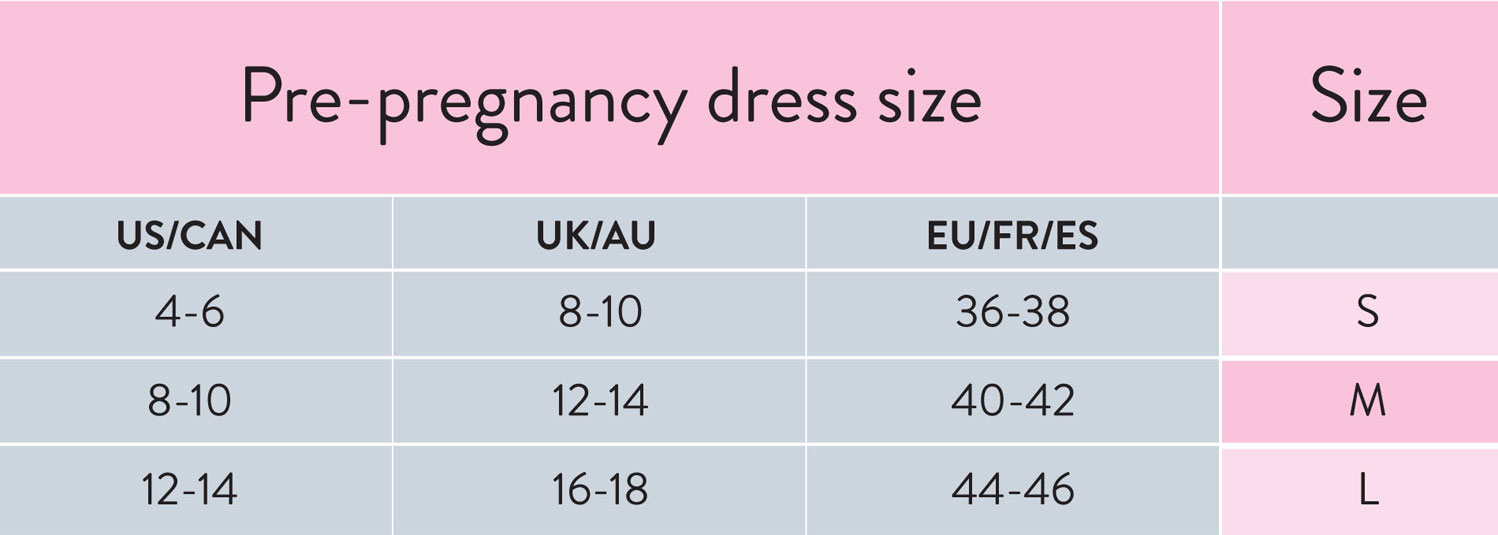 Size Chart for Bravado Designs Belly and Back Multi-Zone Pregnancy Support Band