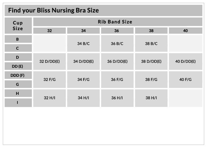 Size Chart for Bravado Designs Bliss Nursing Bra