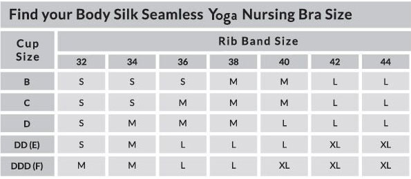 Size Chart for Bravado Designs Body Silk Seamless Yoga Nursing Bra