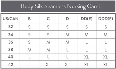 Size Chart for Bravado Designs Body Silk Seamless Nursing Cami
