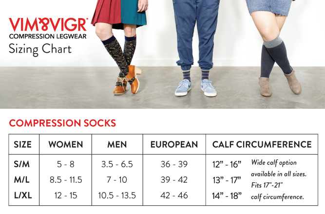 Size Chart for Vim & Vigr 15-20 mmHg Compression Socks - Moisture-Wick Nylon
