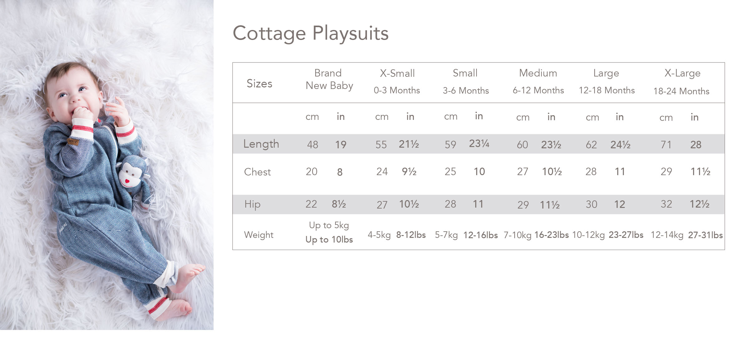 Size Chart for Juddlies Designs Cottage Collection Organic Playsuit