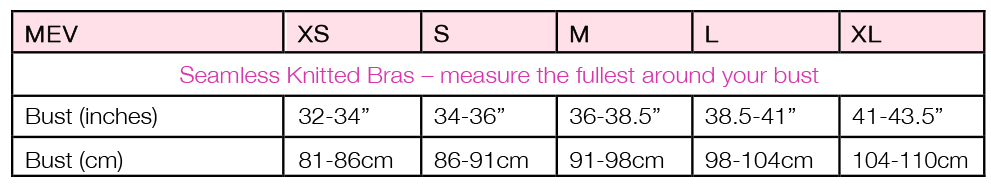 Size Chart for Seamless Demi-Cup Bralette by Mothers en Vogue