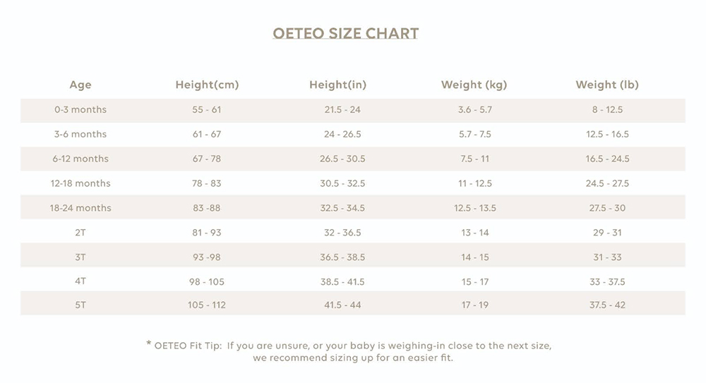 Size Chart for OETEO 6-Piece Newborn Layette Welcome Set