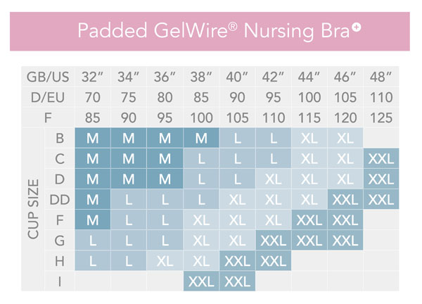 Size Chart for Carriwell Padded GelWire® Support Nursing Bra for Fuller Breasts