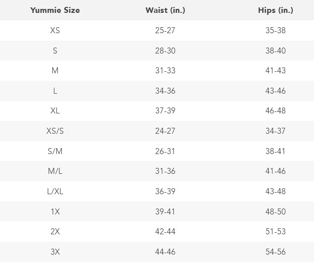 Size Chart for Yummie Ultralight Seamless Shaping Short