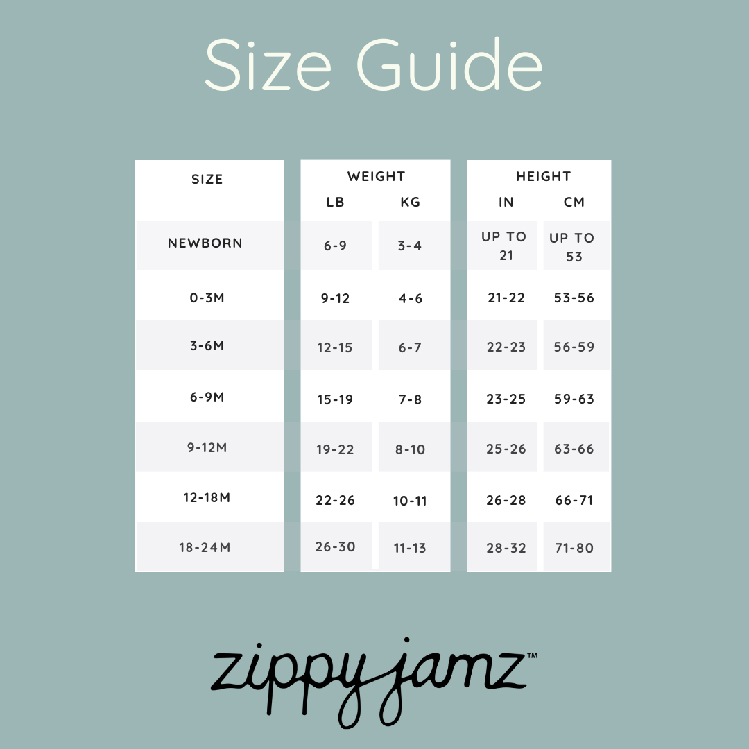 Size Chart for ZippyJamz Organic Baby Footed Sleeper Pajamas w. Inseam Zipper for Easy Changing